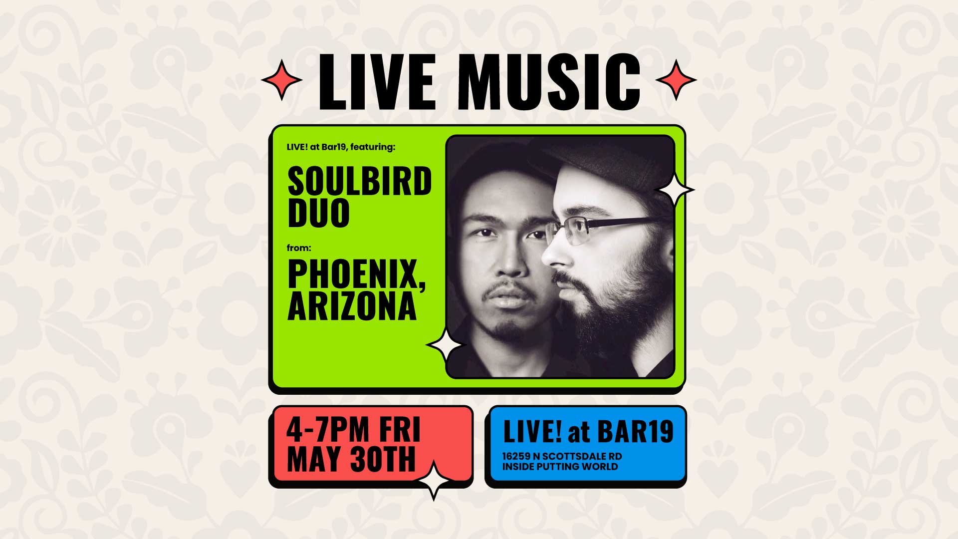 Live music at Bar19 featuring SoulBird Duo May 30th 2025