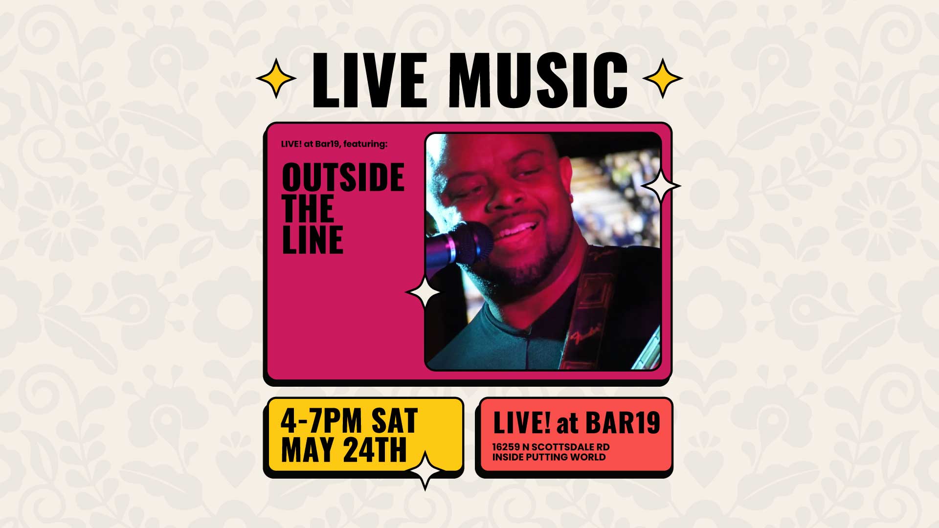 Live music at Bar19 featuring Outside the Line May 24th 2025